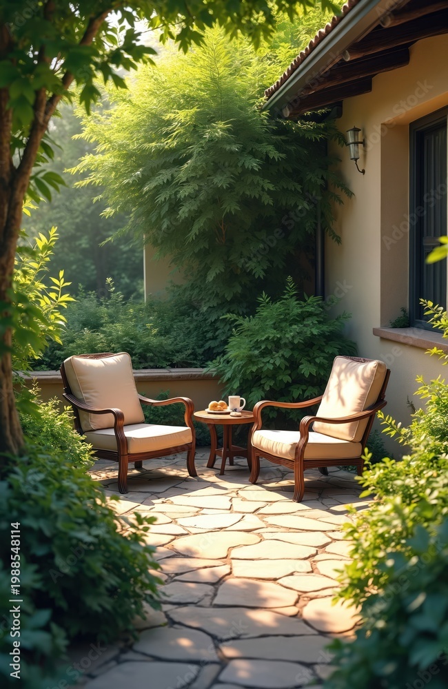 Obraz premium Two comfortable chairs arranged on stone patio in garden. Small table with coffee cup, pastries sits between. Inviting outdoor space offers peaceful retreat for relaxation, enjoyment on warm