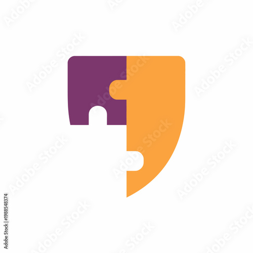 Simplified flat graphic featuring two puzzle pieces one purple, one orange, creating an abstract symbol