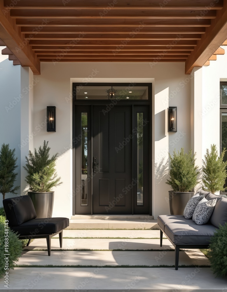 Fototapeta premium Modern house entrance with black double door and sidelights. Outdoor seating area with couch and chair under wood pergola. Landscaped yard with potted trees.