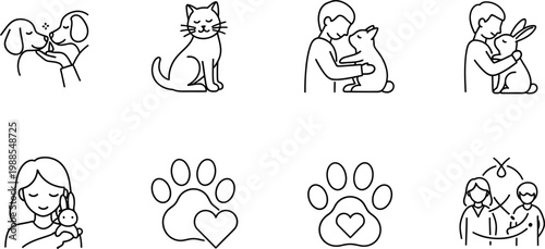 Minimalist pet care line icons, set of 8 animal welfare vector symbols, veterinary clinic and pet adoption graphics for web and app design