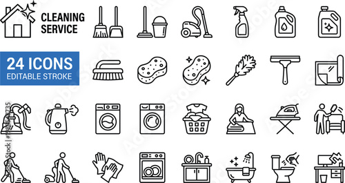 A collection of 24 editable icons depicting various cleaning service concepts, ideal for marketing materials, websites, and mobile applications.