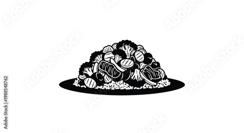 A black and white illustration depicts a generous serving of salad on a plate high quality