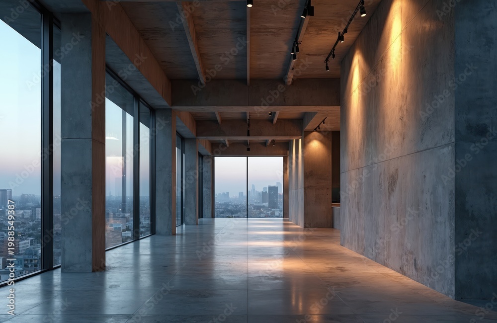 Fototapeta premium Empty loft space with concrete walls floors ceilings and columns. Large windows show city skyline at sunset. Modern industrial interior design.