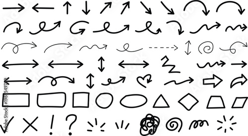 Hand drawn arrows symbols and shapes collection, sketch arrow elements and doodle symbols isolated on white background