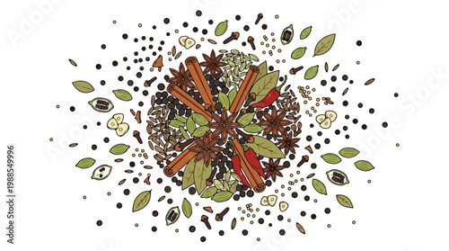 Aromatic blend of whole spices including cinnamon sticks, star anise, and peppercorns arranged in a circular pattern