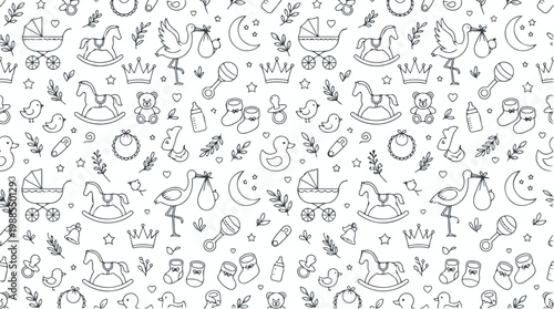 Charming seamless pattern of baby shower icons including storks, carriages, rocking horses, and rattles in a playful