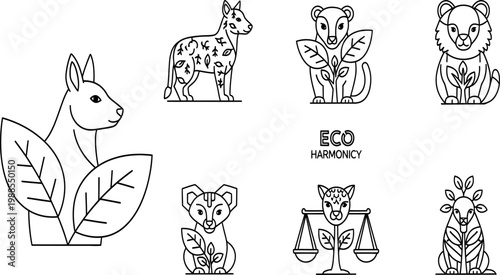 Eco harmony animal icons set, minimalist black line art wildlife illustrations with green leaves, sustainable nature conservation vector graphics