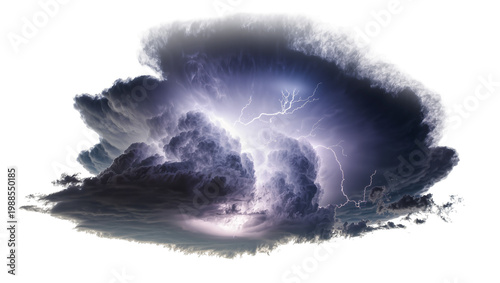 Schilderij op canvas Dark stormy cumulonimbus cloud with bright lightning strikes, isolated on transp