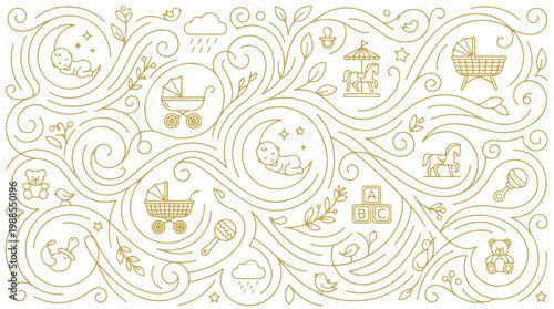 Delicate golden line art pattern with baby motifs like cribs, strollers, and sleeping babies on a white background