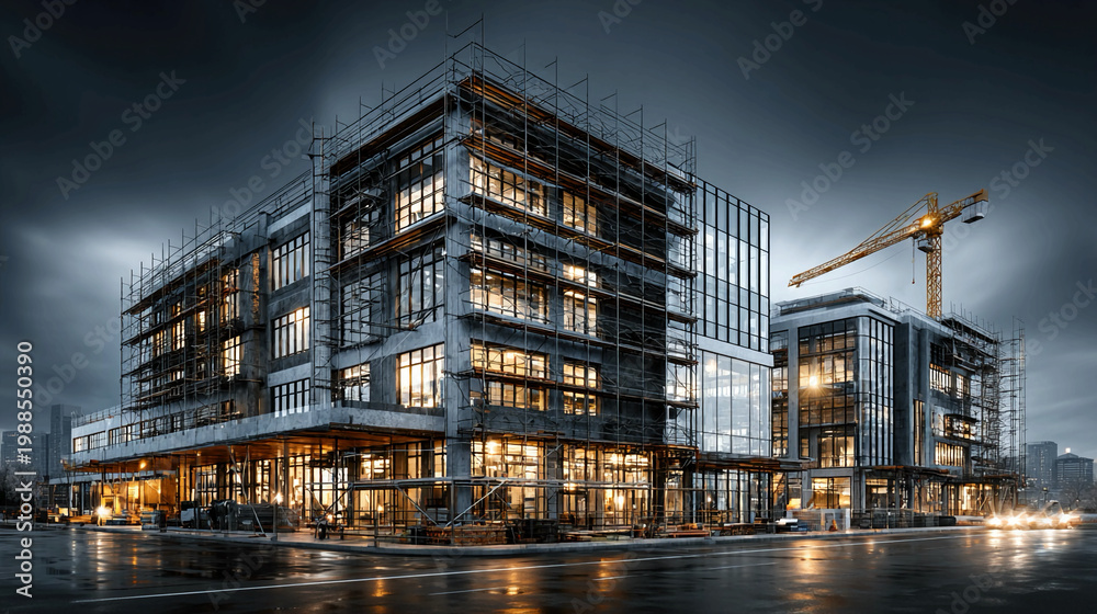Fototapeta premium Modern office building under construction at night with crane