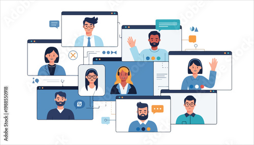 Diverse group of people participating in a virtual video conference call, displayed across multiple overlapping browser windows, representing remote work and online communication.