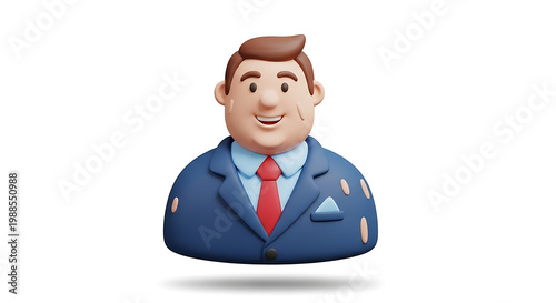 3d business man cartoon character in suit and tie smiling with confidence and success illustration for corporate identity and professional branding.