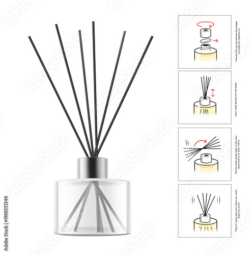 Aroma stick diffuser or reed diffuser mockup with set icons. High realistic. Vector illustration isolated on white background. Ready for use in presentation, promo, advertising and more. EPS10.