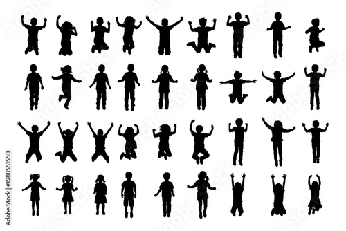 Kid Jumping Silhouette Vector Set Happy Children Action Pose Collection Playful Movement Illustration