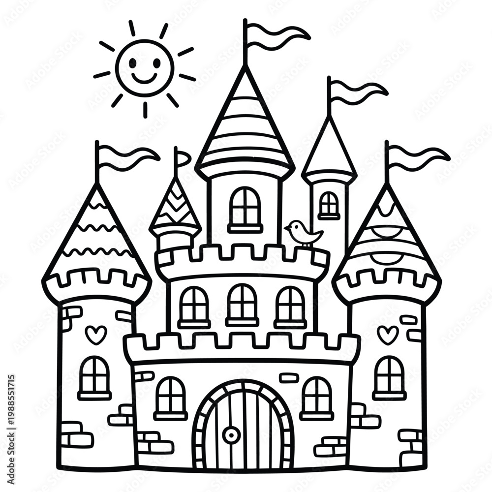 Fototapeta premium A whimsical castle illustration with a smiling sun and flags presented as a silhouette