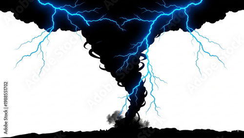 Powerful Tornado with Blue Lightning Strikes in Dark Clouds