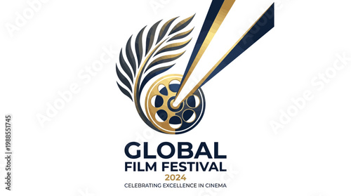 Illustration of a film festival logo with a cinematic background vector, featuring a global film festival theme with a red carpet event and movie premiere elements.