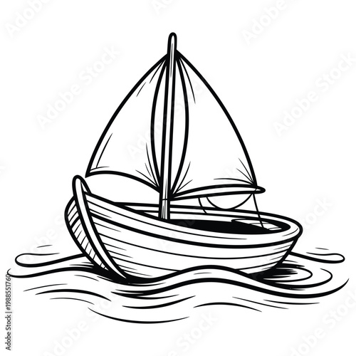 A simple black and white illustration of a sailboat gliding across wavy water silhouette
