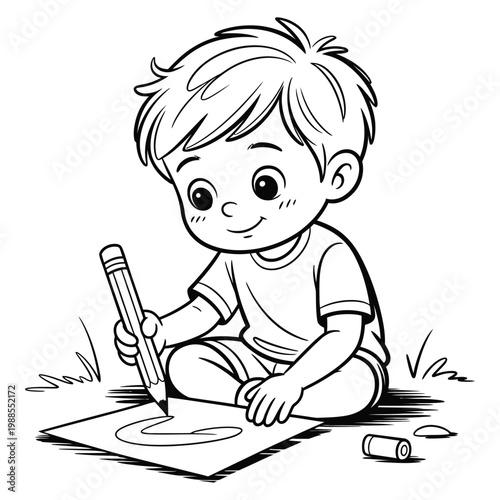 A young boy is happily drawing with a pencil on a paper a charming silhouette