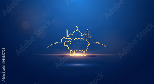 Elegant Golden Mosque and Sheep Outline Art for Islamic Festival Celebration on a Shimmering Blue Background