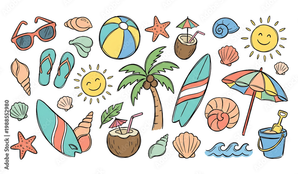 Obraz premium Hand drawn beach vacation doodle vector set with summer objects scattered in playful layout isolated on white