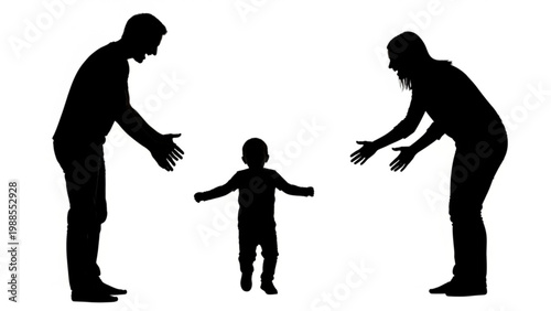 Silhouette of happy parents reaching out to their toddler child on white background