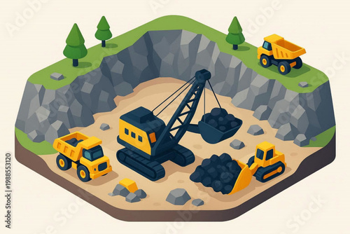 Isometric Coal Mining Site with Heavy Machinery Illustration – Open Pit Mining Operation