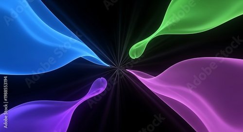 Abstract radiating light with flowing waves of blue, green, and purple
