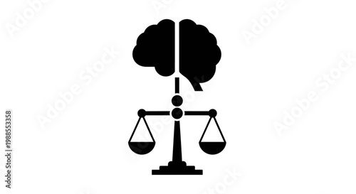 Black Justice Scale Icon with Brain and Dots on White
