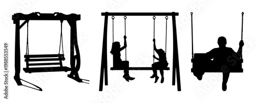 Swing set set with black silhouette on white background featuring playground, outdoor, recreation with children's and outdoor play area