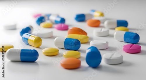 Assorted pharmaceutical pills and capsules on white surface