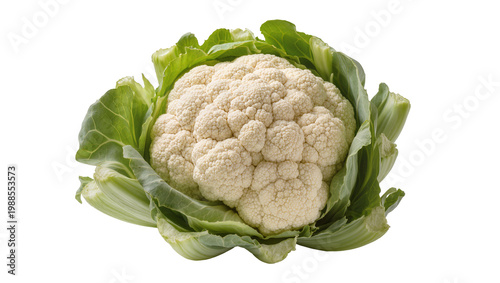 Obraz na płótnie Fresh white cauliflower with green leaves, isolated on transparent background