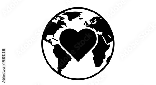 Black Globe with Heart Shape Symbolizing Global Love