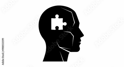Silhouette of Human Head with Puzzle Piece Brain Concept