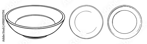 Ceramic plate set with black line art on white background featuring ceramic, plate, design with illustration and vector graphics