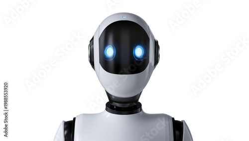 Canvas Print Modern humanoid robot with glowing blue eyes, isolated on transparent background