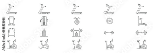 Set of gym equipment icons, including treadmills, exercise bikes, weight plates, barbells, and various strength training machines, flat vector illustration