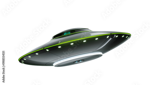 Obraz na płótnie Sleek dark gray flying saucer with green neon lights, isolated on transparent ba