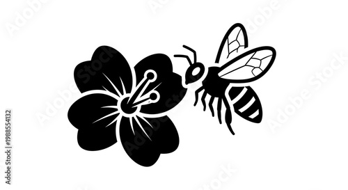 Black and White Icon of a Bee Approaching a Hibiscus Flower