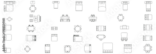 Set of furniture icons for floor plan, top view of beds, tables, chairs and sofas for interior design, architectural symbols for house planning