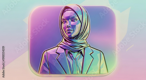Muslim businesswoman wearing hijab and suit jacket in stylized 3d geometric portrait with iridescent pearlescent finish over colorful background art.