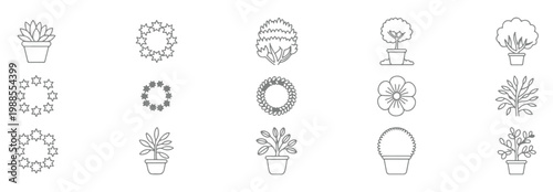 Set of various plant icons, including potted plants, flowers, and decorative floral wreaths, line art style, botanical collection for garden and interior design elements