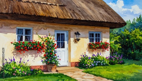 Charming Thatched Roof Cottage with Vibrant Flower Boxes in Lush Garden.