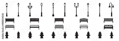 Set of street furniture icons, including various designs of street lamps, park benches, and fire hydrants