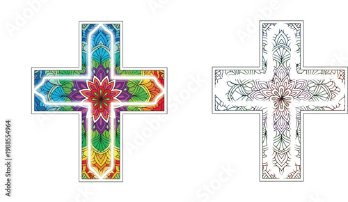 Christian Cross with Mandala Pattern Set, Decorative Colorful Rainbow Cross and Black and White Outline Vector Illustration for Religious Decoration, Coloring Page, and Easter Design