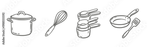 Minimalist black and white line art vector icon set of essential kitchen tools. Includes a pot, whisk, stacked measuring cups, and a frying pan with a spatula. Perfect for food branding or cooking gui
