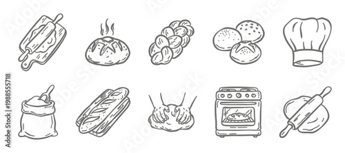 Artisan bakery icon set in minimalist line art. Includes bread, baguette, flour sack, oven, chef hat, and hands kneading dough. Perfect for bakery branding, logos, and professional menu design.