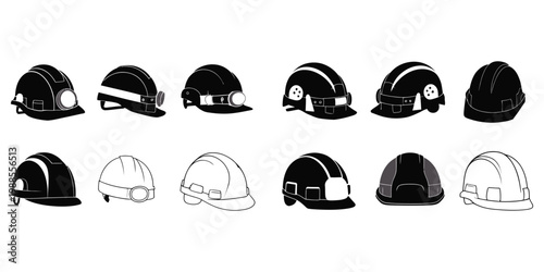 a collection of black and white hard hat safety helmets for construction and mining workers, minimal design set representing occupational safety protection standards in building and mining industries.