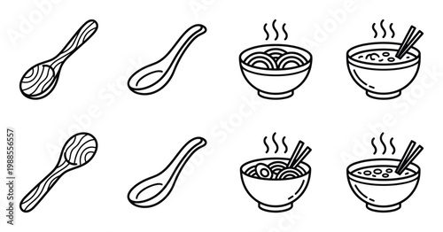Asian noodle soup bowls with chopsticks and spoons shown in overhead and side view illustrations.