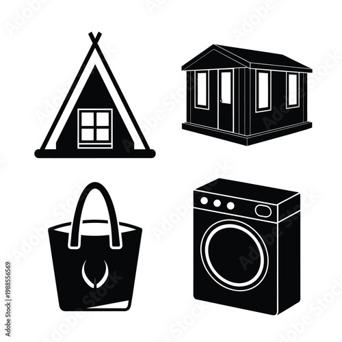 Set of black and white icons featuring camping tent shed tote bag and washing machine